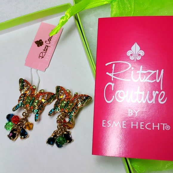 Multi-Color Butterfly Dangle Earrings Clip-on Signed Ritzy Couture Esme Hecht GT - Picture 3 of 3